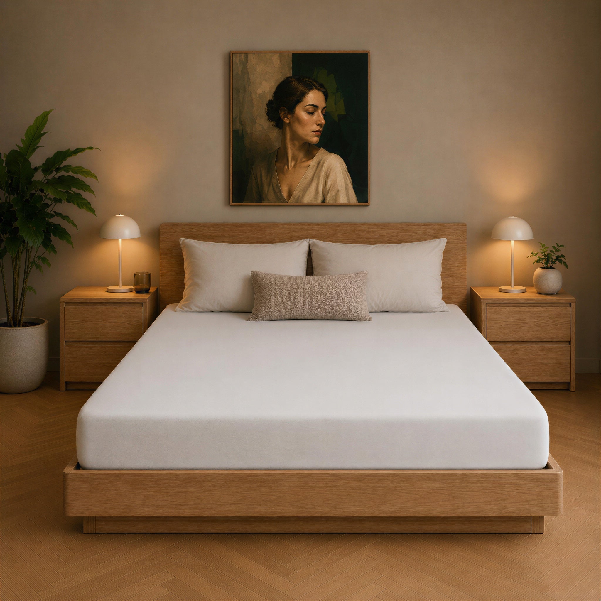 Bett mit silberfarbenem Spannbettlaken in einem schlicht eingerichteten Schlafzimmer