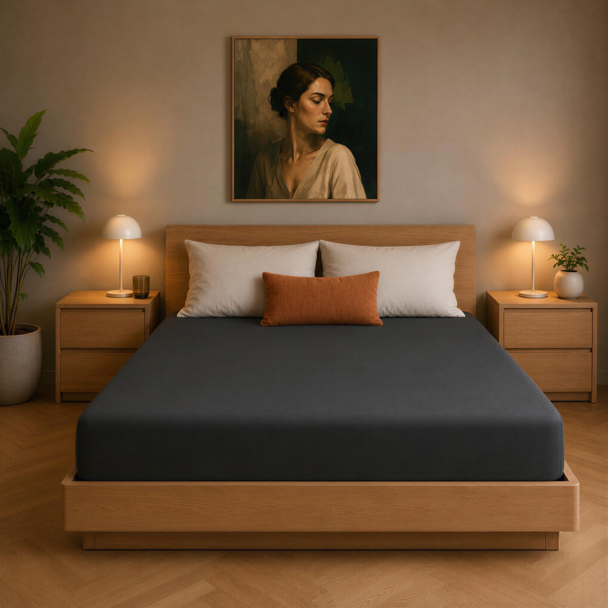 Spannbettlaken in Titanium auf einem Bett in einem schlicht eingerichteten Schlafzimmer