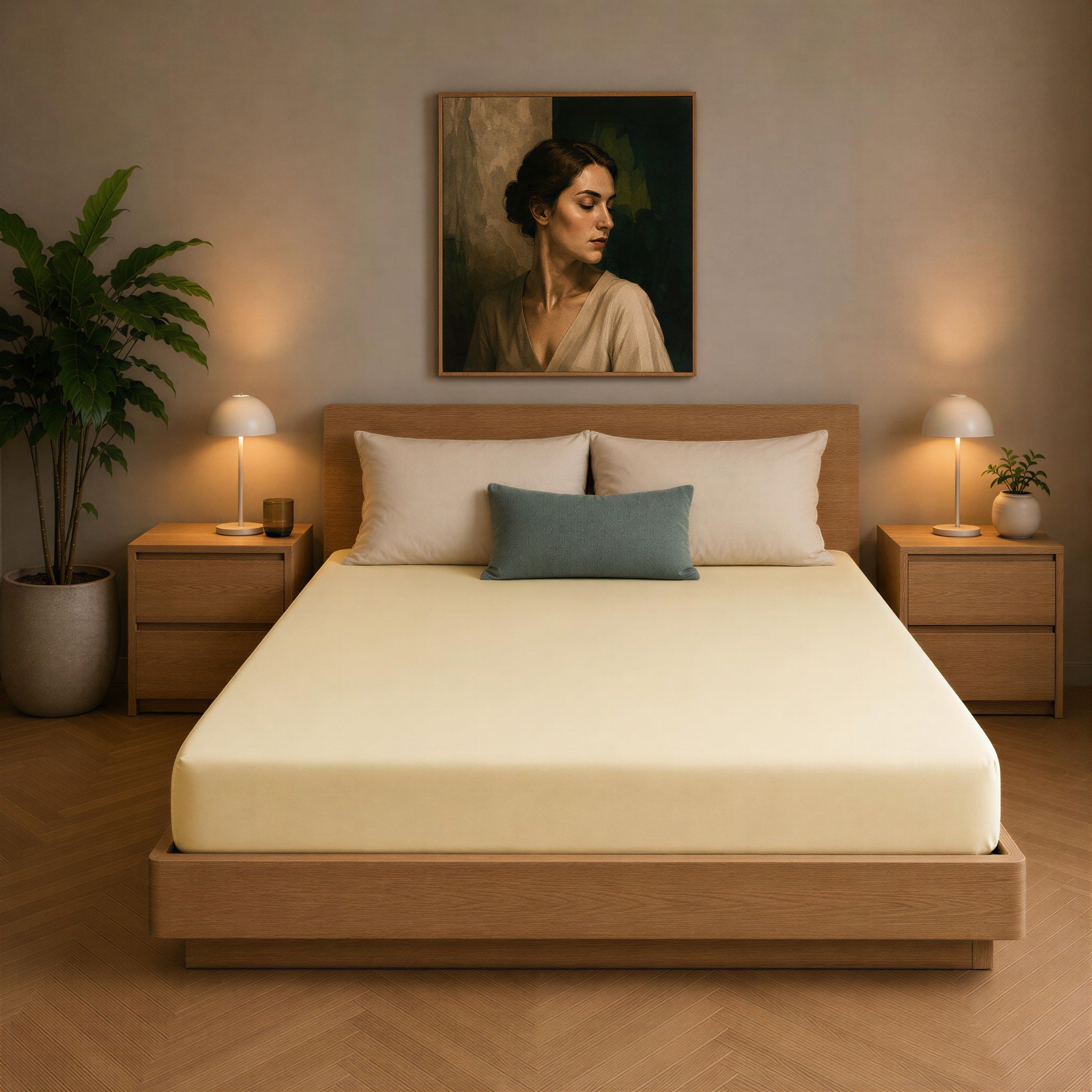 Bett mit vanillefarbenem Spannbettlaken in einem schlicht eingerichteten Schlafzimmer