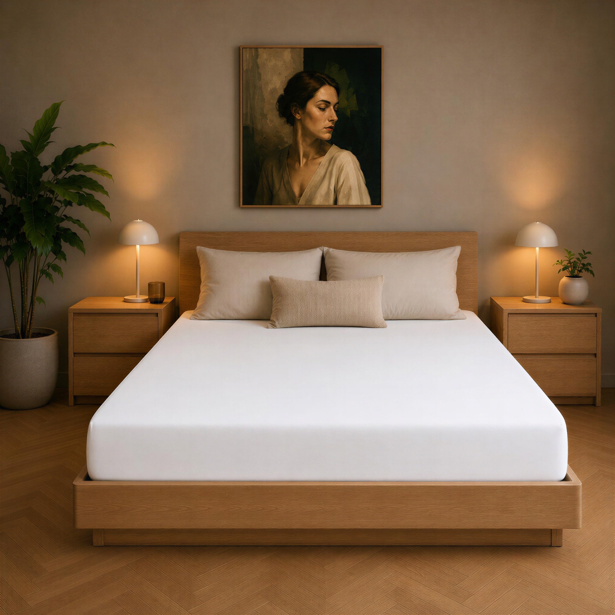 Bett mit weißem Spannbettlaken in einem schlicht eingerichteten Schlafzimmer