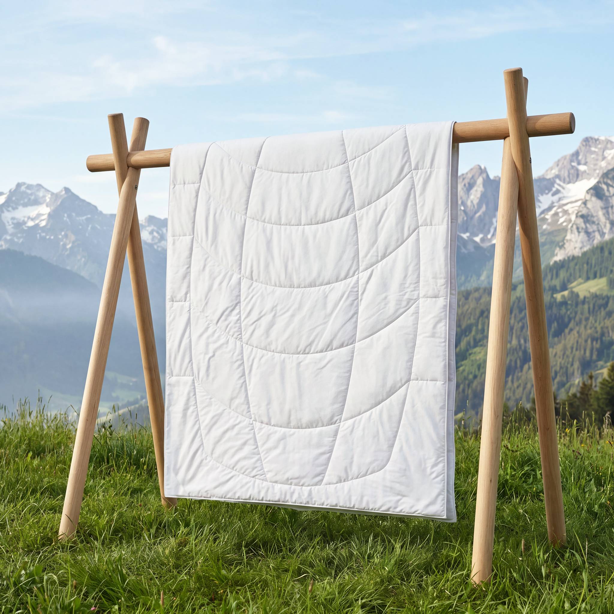 KAUFFMANN Bambus Sommerbettdecke gefaltet auf Holzgestell vor Bergwiese, vegane Bambus Bettdecke mit Baumwollbezug