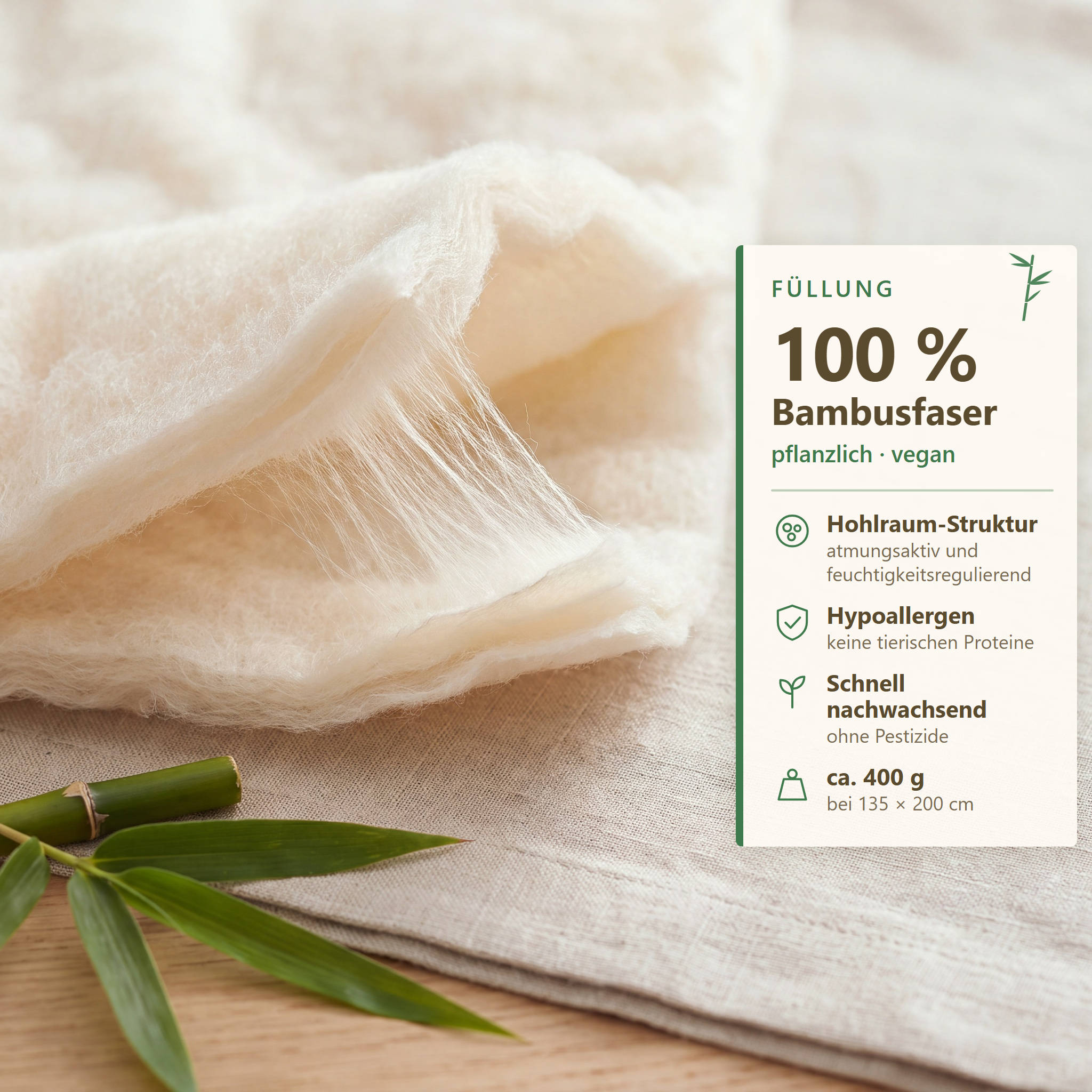 Infografik zur Füllung der KAUFFMANN Bambus Sommerbettdecke aus 100 % Bambusfaser, vegane Sommerbettdecke