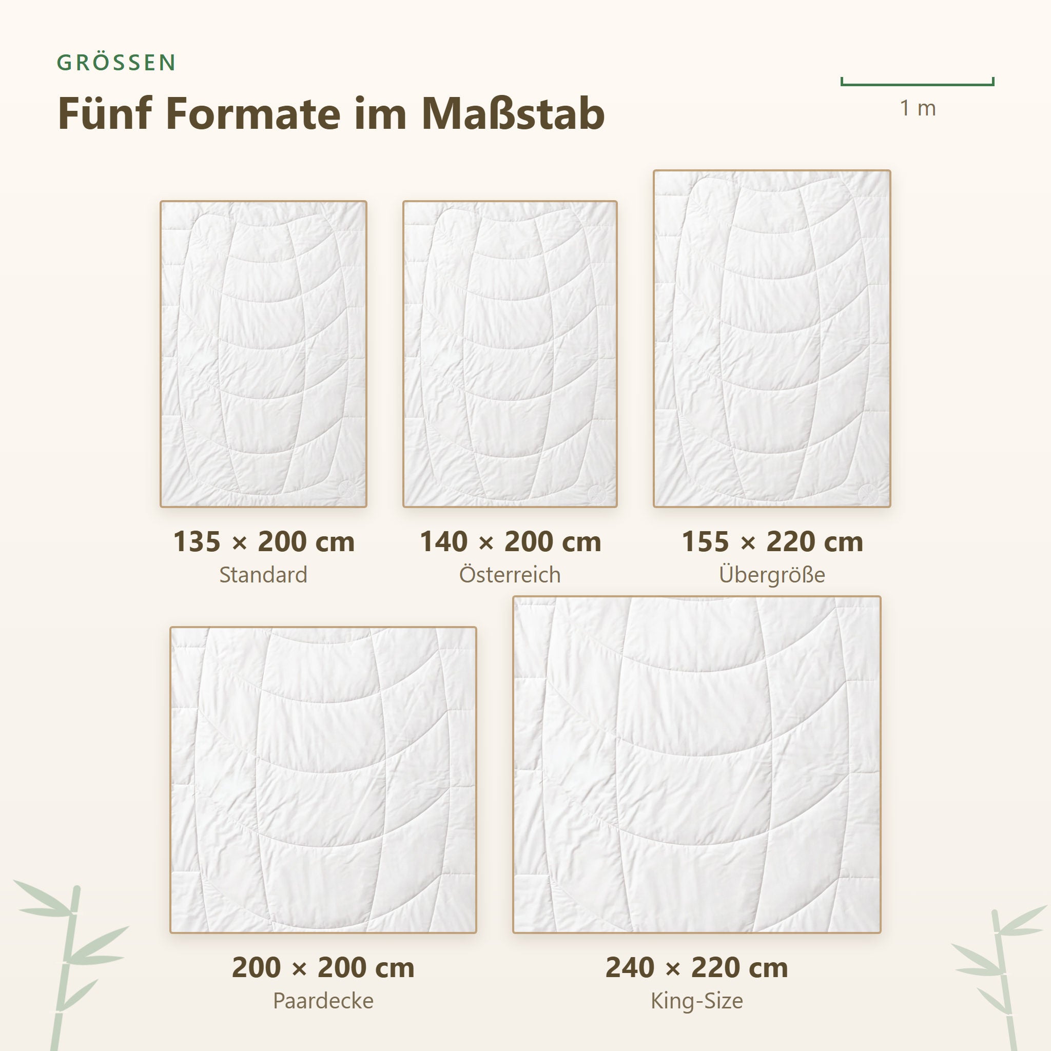 Größenübersicht der KAUFFMANN Bambus Sommerbettdecke von 135x200 bis 240x220 cm, vegane Bambus Bettdecke