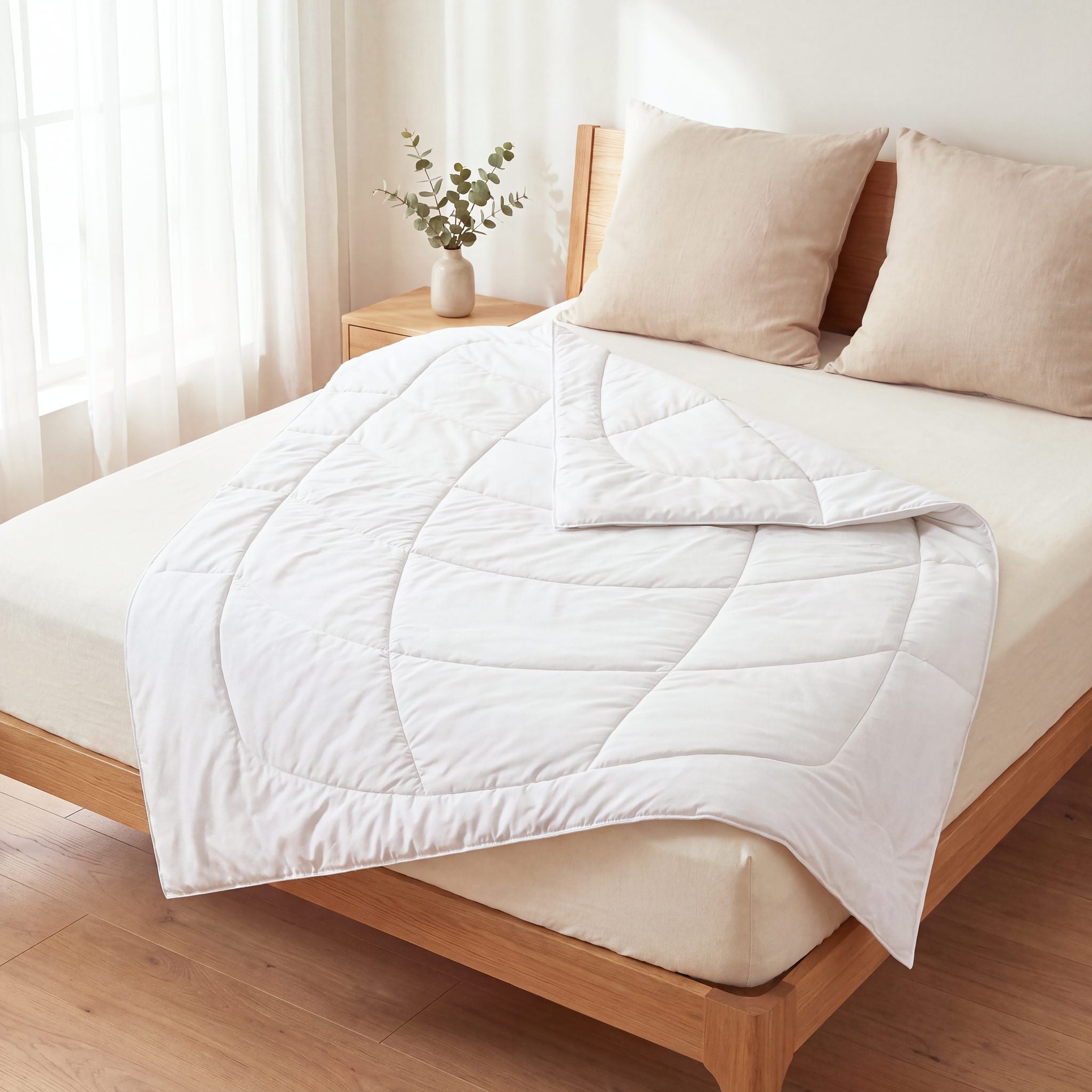 KAUFFMANN Bambus Sommerbettdecke im hellen Schlafzimmer auf dem Bett, vegane Bambus Bettdecke in Weiß