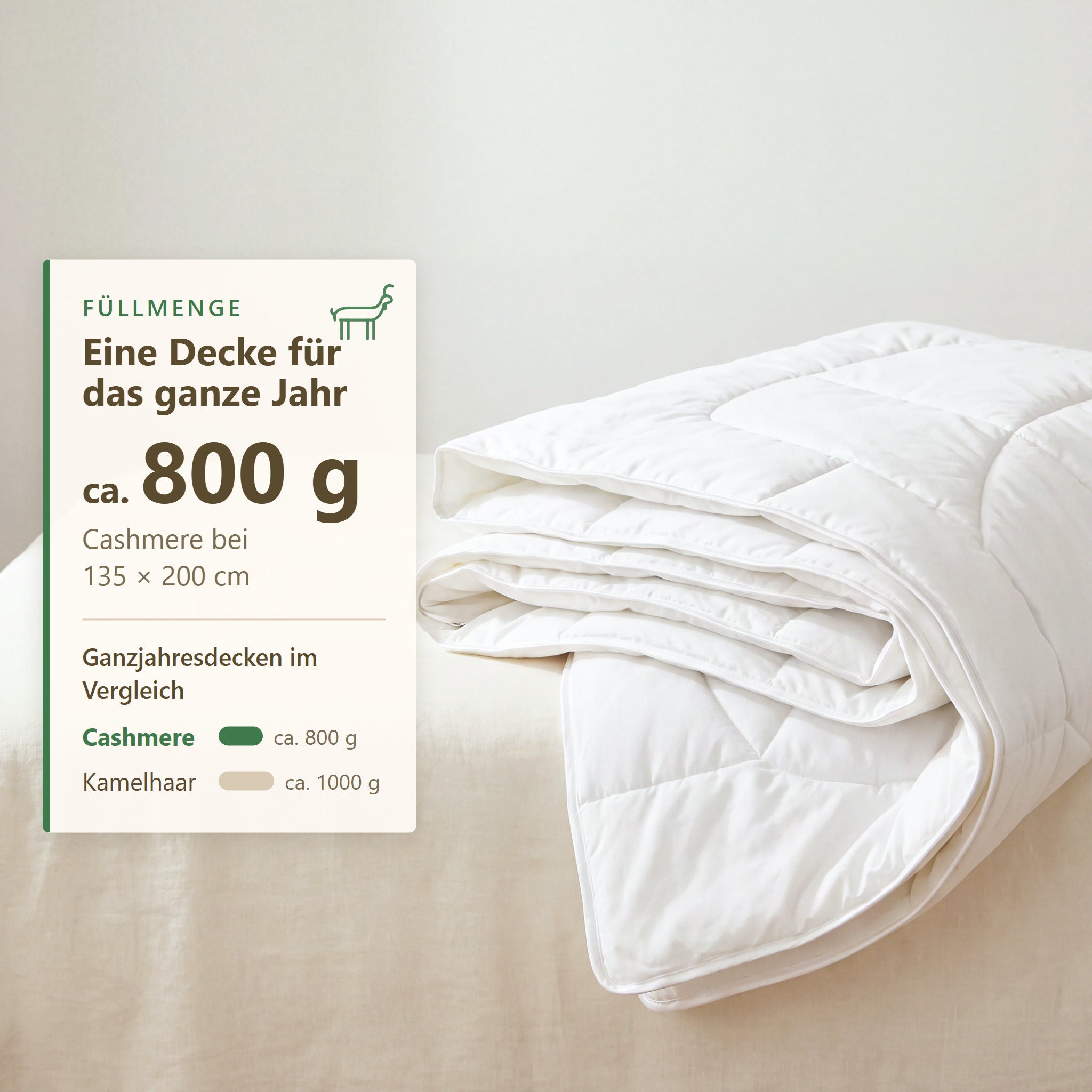 Füllmenge 800 g der KAUFFMANN Cashmere Ganzjahresbettdecke in Größe 135x200 cm, wärmende Ganzjahresdecke