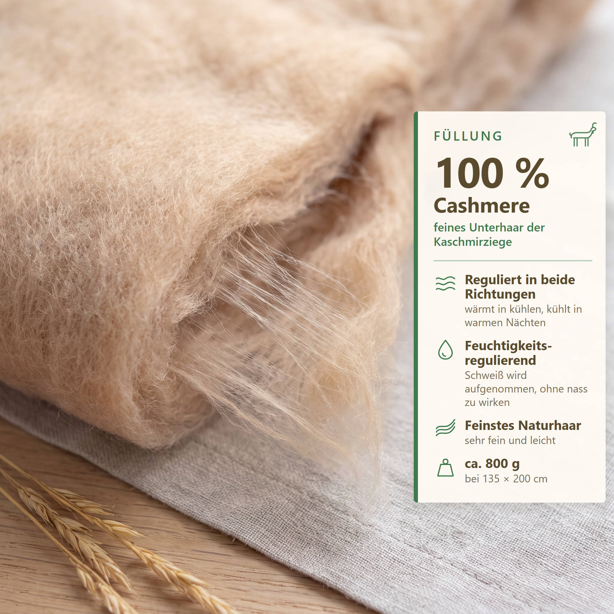 Infografik zur Füllung der KAUFFMANN Cashmere Ganzjahresbettdecke aus 100 % Kaschmir, Ganzjahresdecke
