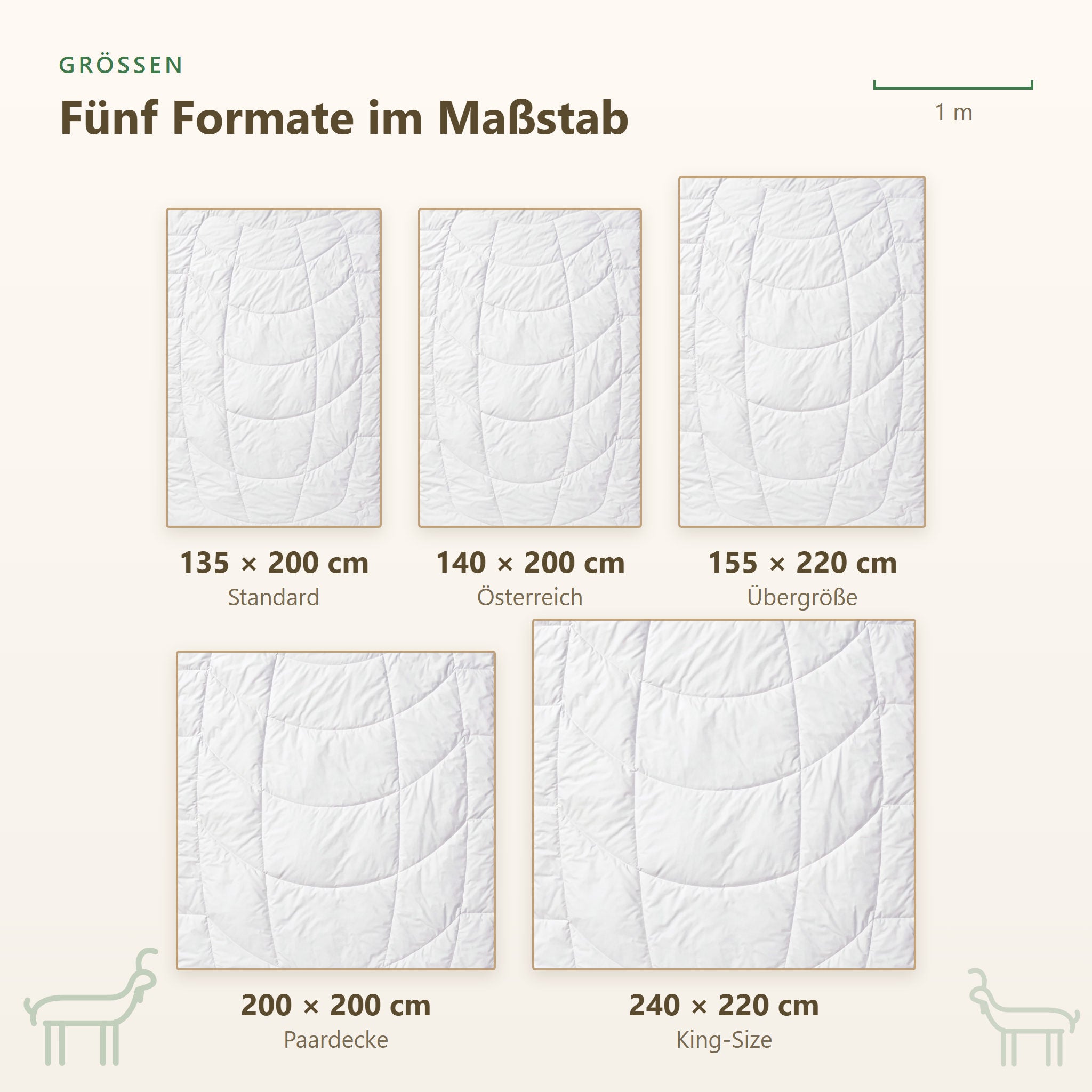 Größenübersicht der KAUFFMANN Cashmere Ganzjahresbettdecke von 135x200 bis 240x220 cm, Kaschmir Bettdecke
