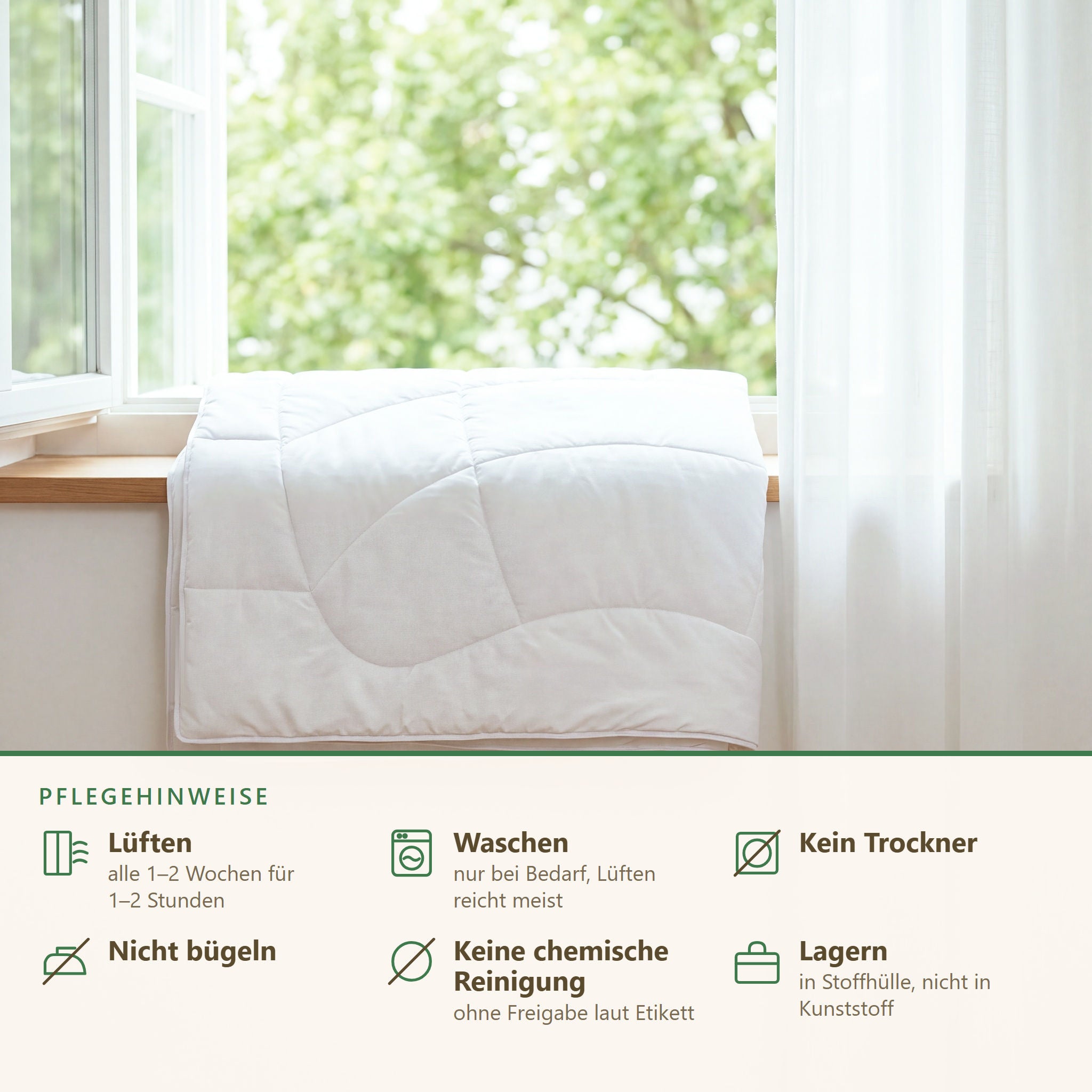 Pflegehinweise zur KAUFFMANN Cashmere Ganzjahresbettdecke: regelmäßiges Lüften und luftige Lagerung, Kaschmir Bettdecke