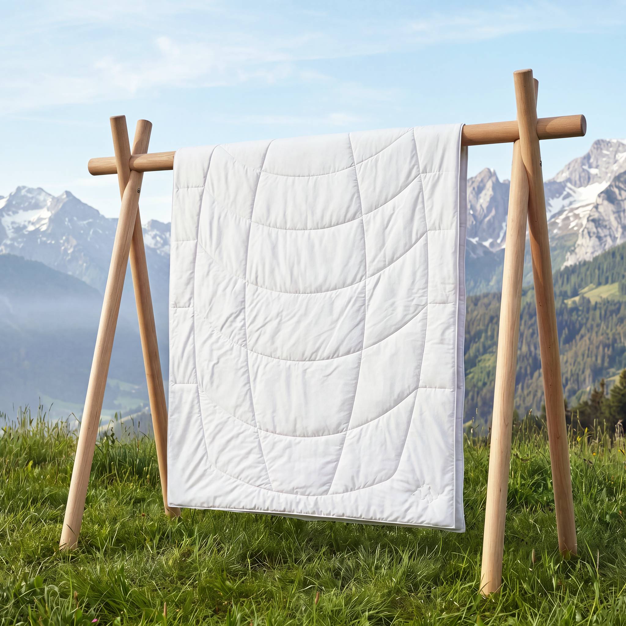 KAUFFMANN Kamelhaar Sommerbettdecke gefaltet auf Holzgestell vor Bergwiese, leichte Kamelhaardecke mit Baumwollbezug