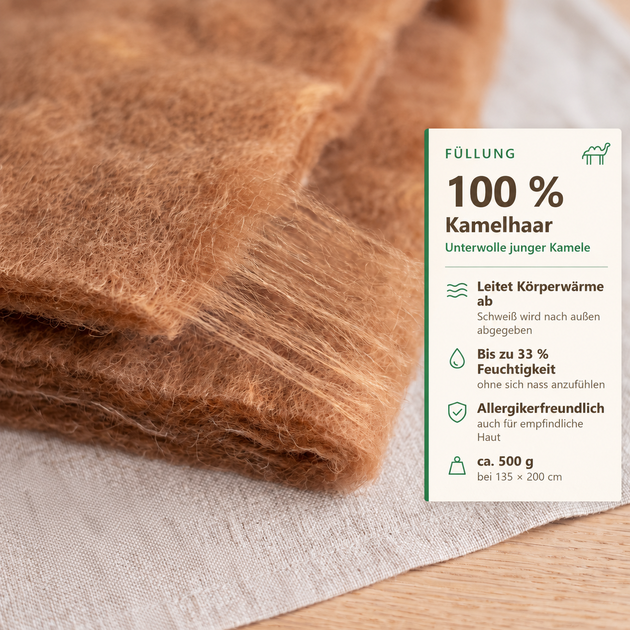 Infografik zur Füllung der KAUFFMANN Kamelhaar Sommerbettdecke aus 100 % Kamelhaar, leichte Sommerbettdecke