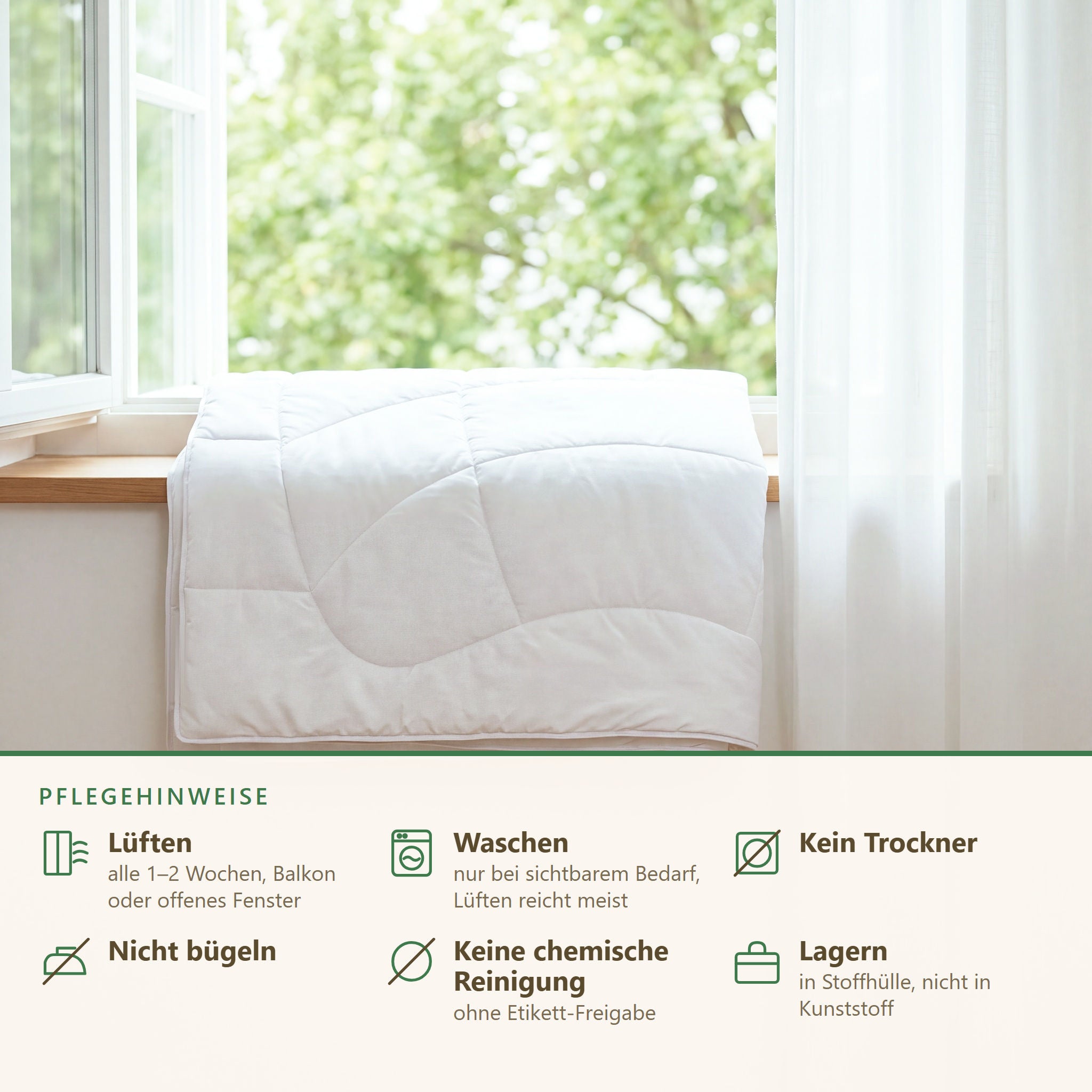 Pflegehinweise zur KAUFFMANN Kamelhaar Sommerbettdecke: regelmäßiges Lüften und luftige Lagerung, Kamelhaardecke