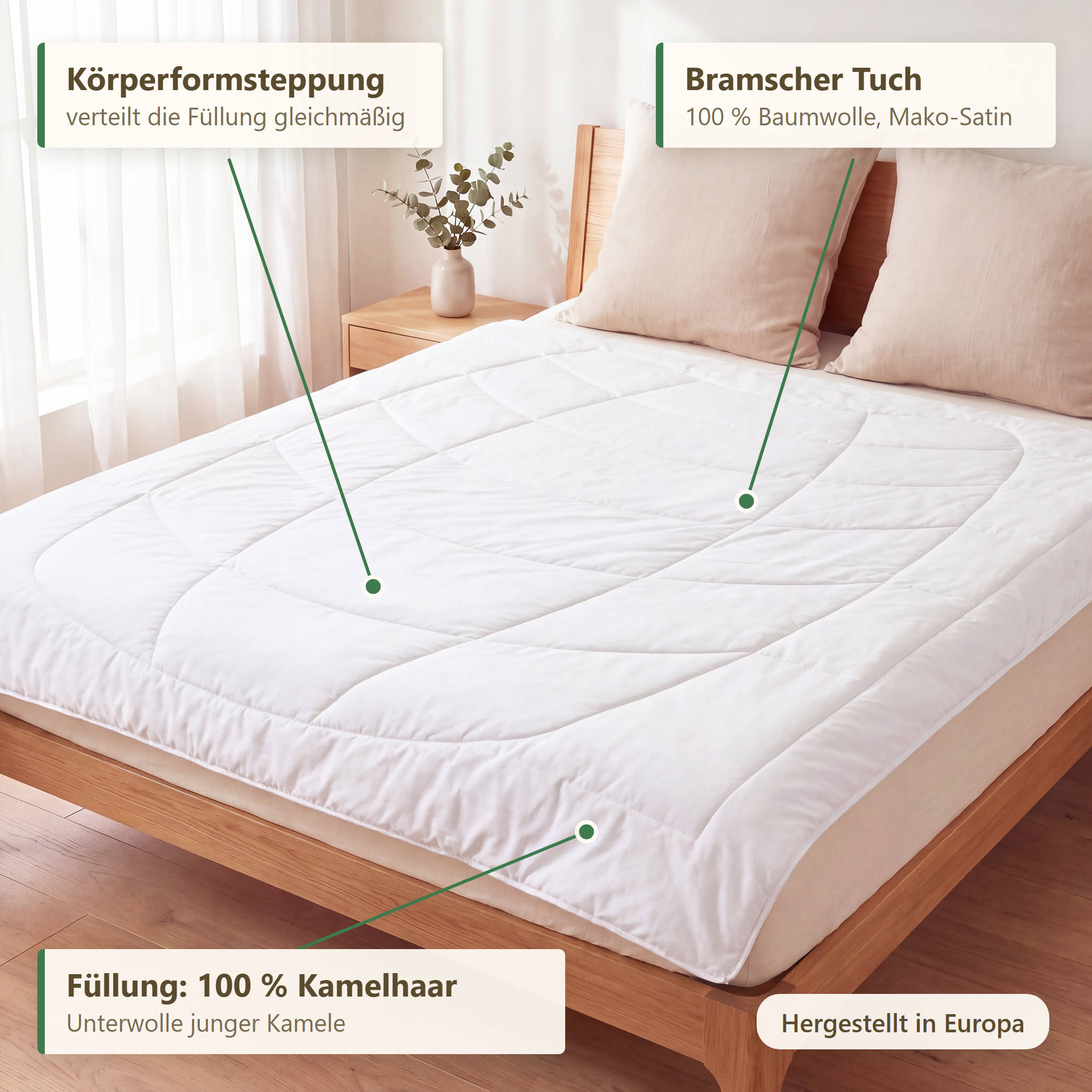 Verarbeitung und Bramscher Tuch als Baumwollbezug der KAUFFMANN Kamelhaar Sommerbettdecke, Kamelhaardecke